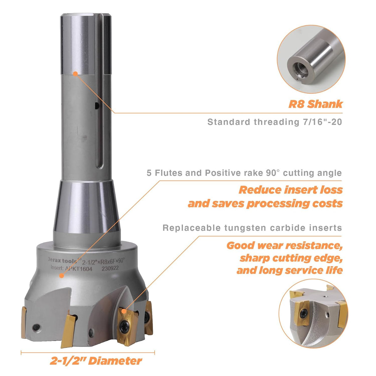 R8 Indexable 2-1/2" End Mill, Carbide Insert 90° Milling Cutter