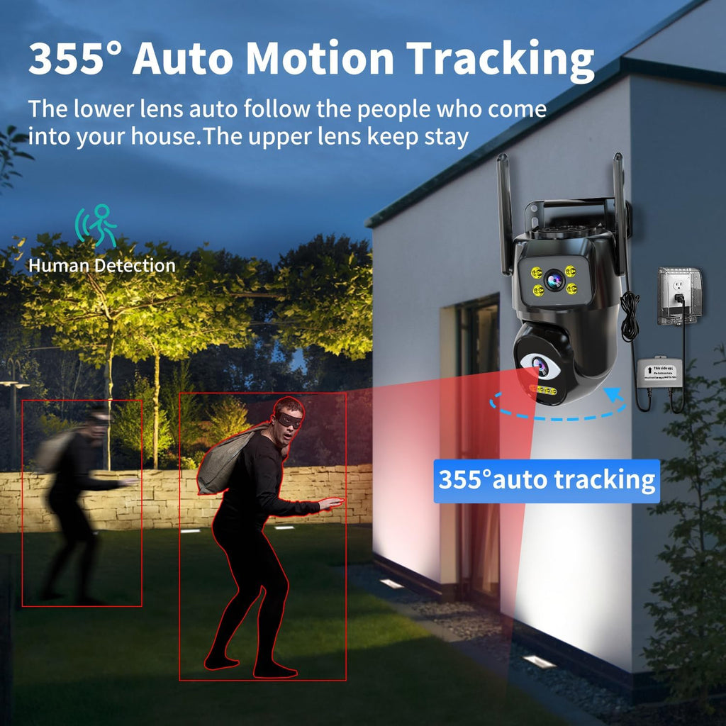 Dual Lens WiFi Security Camera Outdoor, 2.4G/5G PTZ Outdoor Plug-in Camera Auto Tracking,Home Security Surveillance