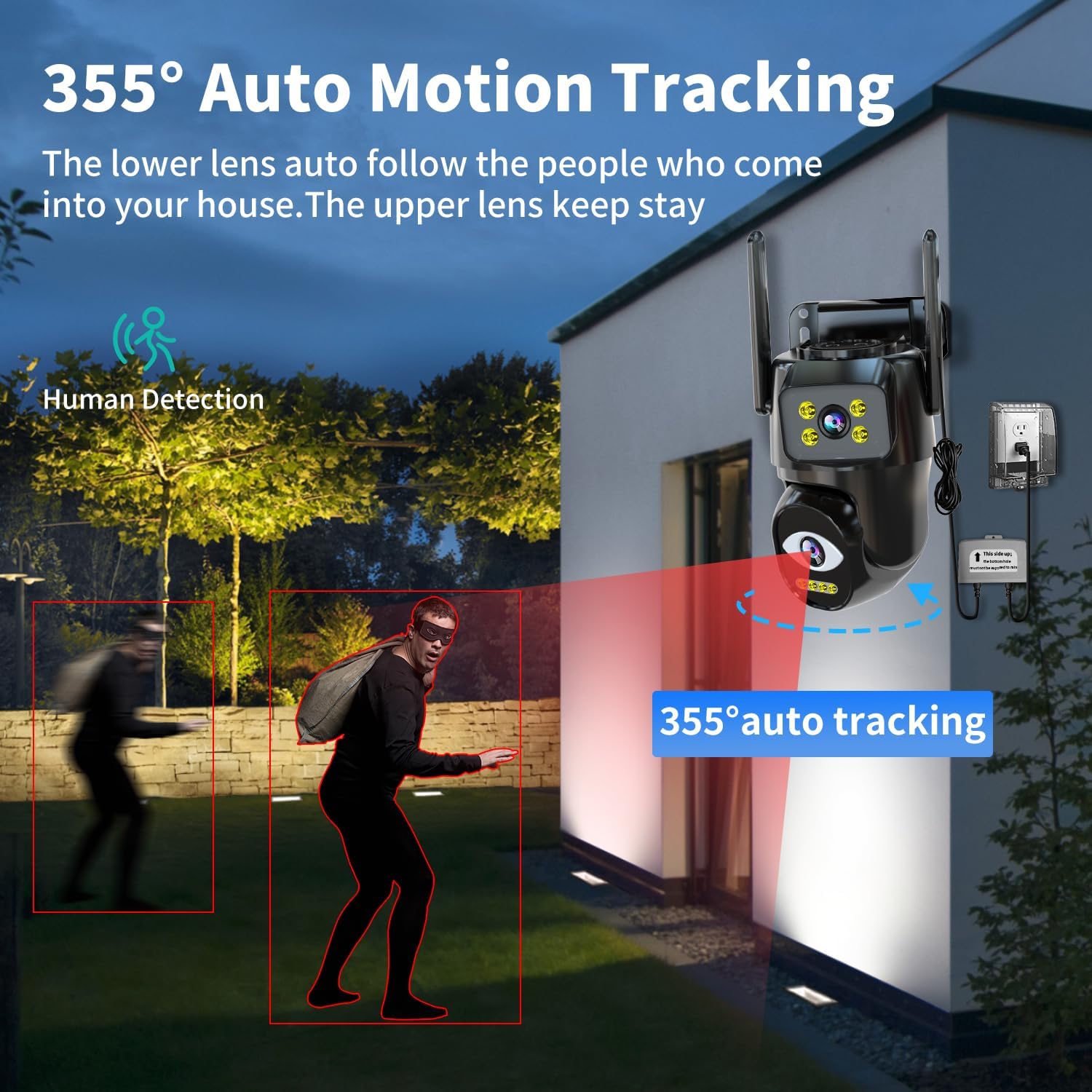 Dual Lens WiFi Security Camera Outdoor, 2.4G/5G PTZ Outdoor Plug-in Camera Auto Tracking,Home Security Surveillance
