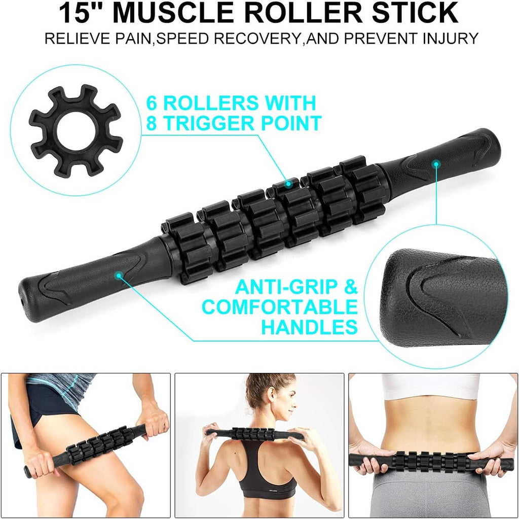 Foam Roller Set - High Density Back Roller, Muscle Roller Stick | Foot Fasciitis Ball, Stretching Strap, Massager