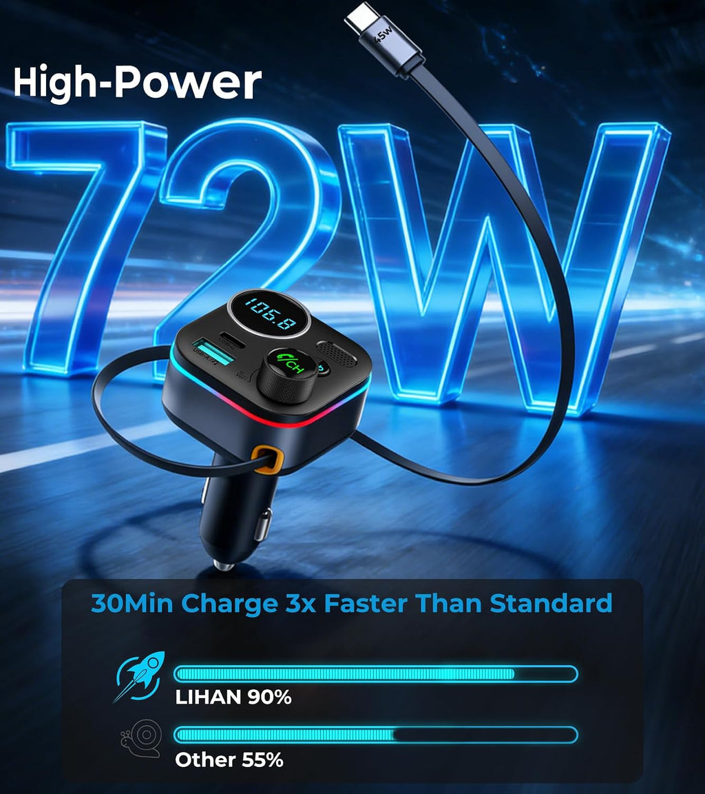 Bluetooth 5.4 FM Transmitter, 72W Car Charger with 45W Retractable USB-C PD | Built-in Cable, Hands-Free Calling