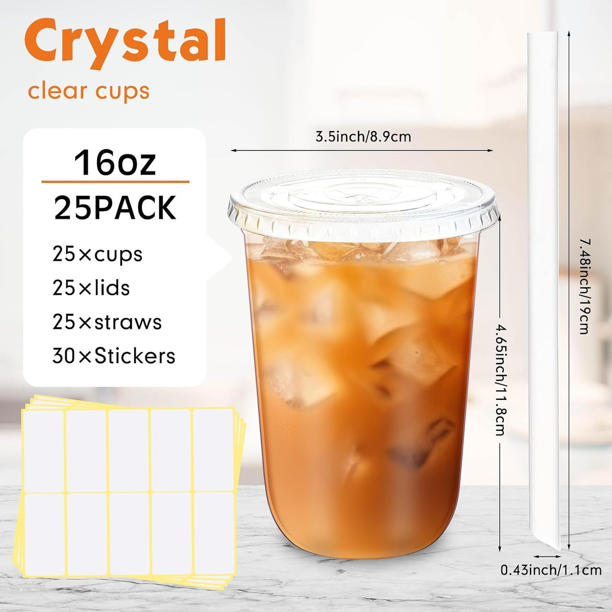 25 Sets Clear Plastic Cups with Lids, Straws and Stickers,16 oz