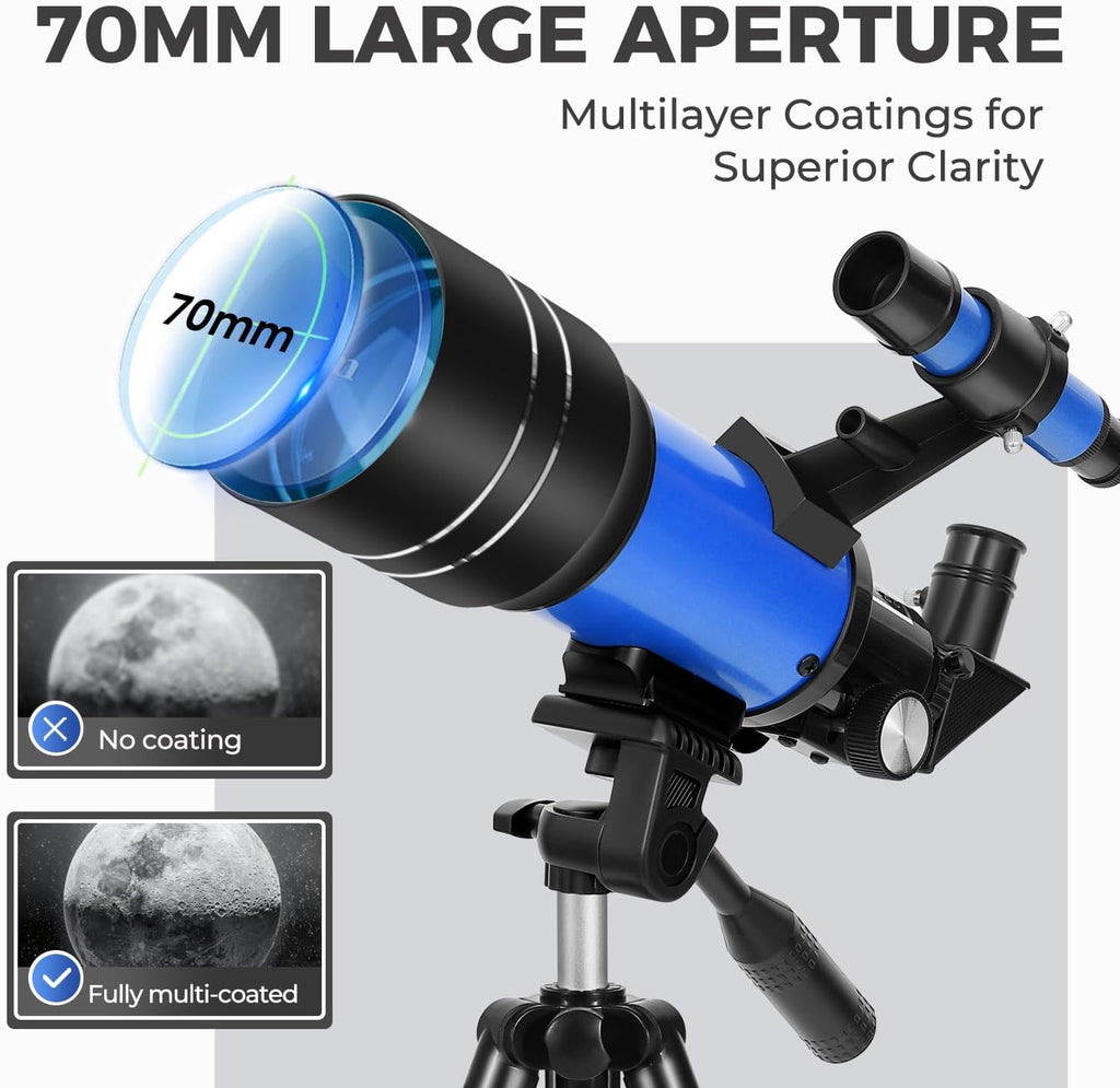 Telescope for Kids & Beginners, 70mm Aperture Portable Telescopes with 3 Eyepieces, Height Adjustable Tripod & Phone