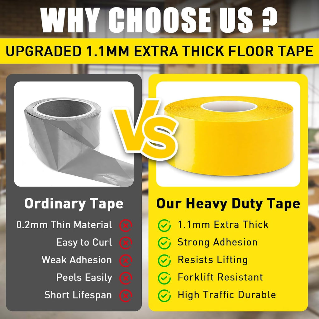 Floor Marking Tape, 1.1mm Extra Thick, Yellow, 2 Inch x 100FT | Heavy Duty Safety Tape, High Visibility Industrial