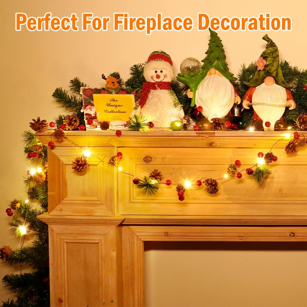2 Pack Christmas Garland With Lights - 7.2Ft 20 LED Red Berry Pine Garland Battery Operated for Mantle Fireplace