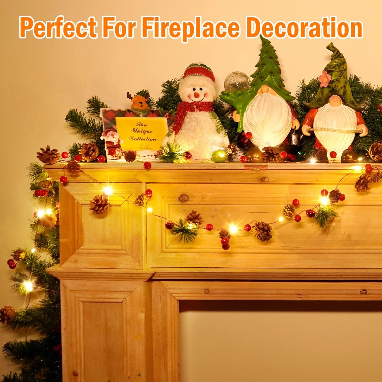 2 Pack Christmas Garland With Lights - 7.2Ft 20 LED Red Berry Pine Garland Battery Operated for Mantle Fireplace