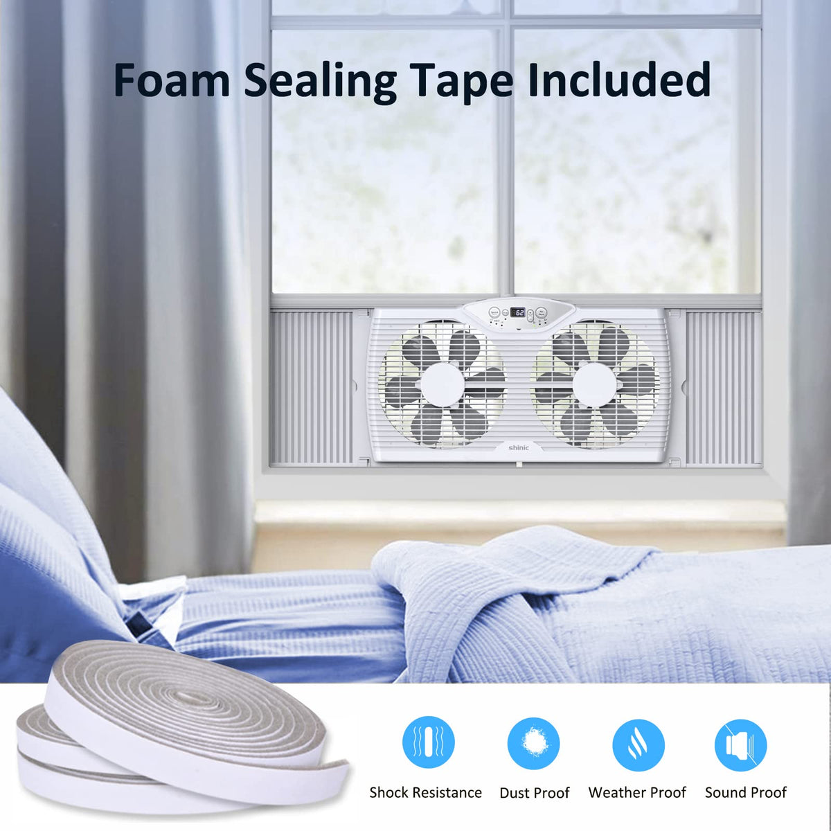 9'' Window Fan with Thermostat & LED Display, Reversible Airflow