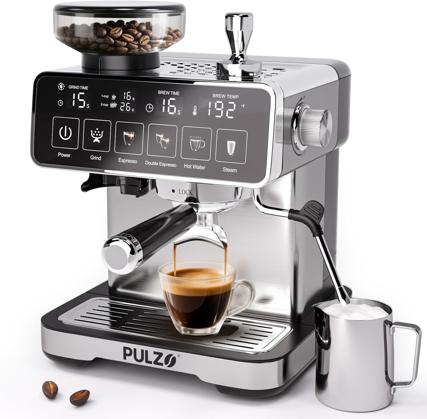 Espresso Machine with Grinder, 20 Bar Professional Coffee Machine, All-in-One Stainless Steel Coffee Maker with Milk
