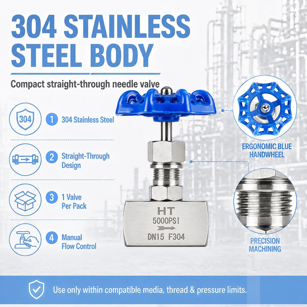 Needle Valve, 1/2 Inch Female NPT, 304 Stainless Steel, 1 Pack