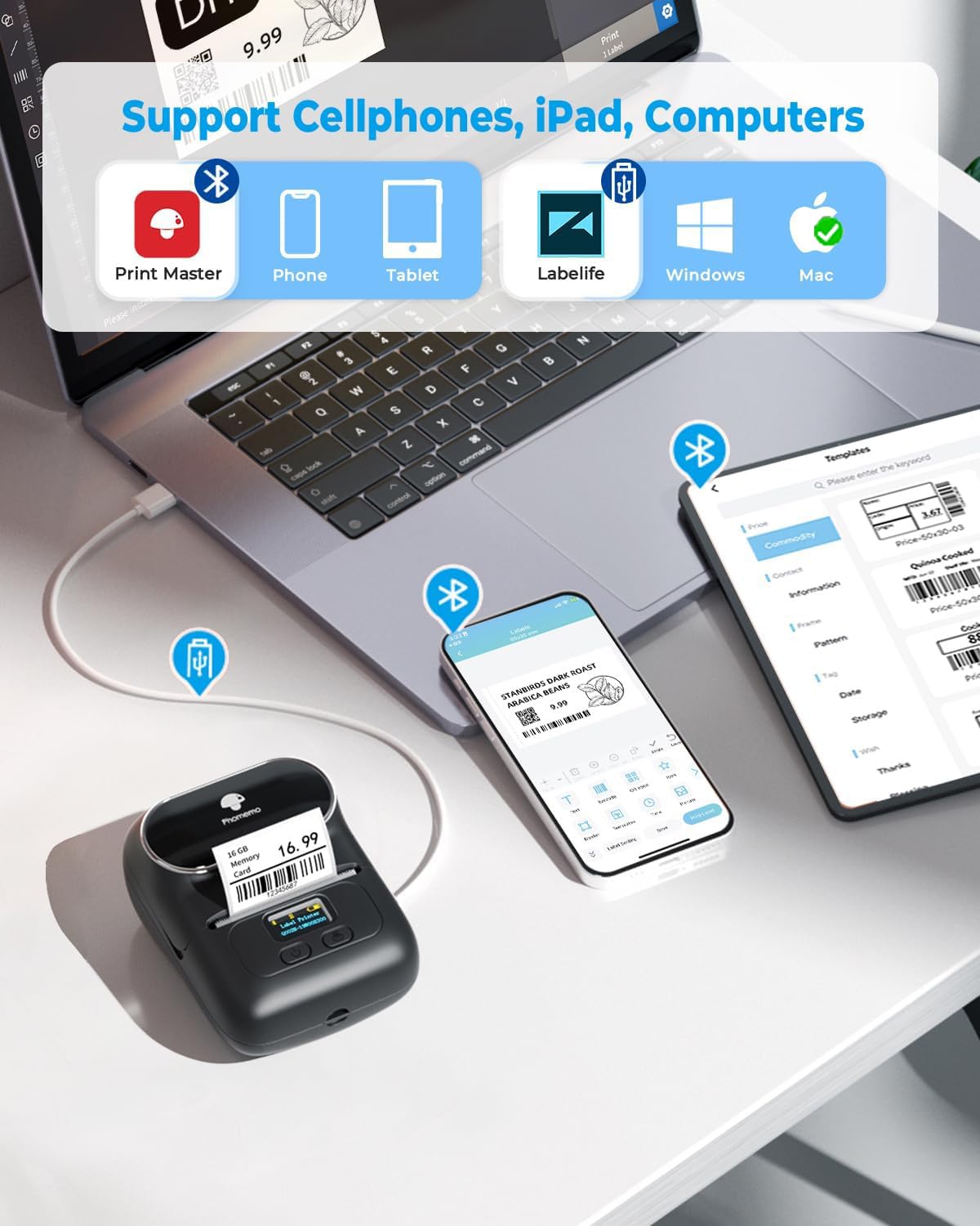 M110 Label Maker Machine with Tape Thermal Label Printer