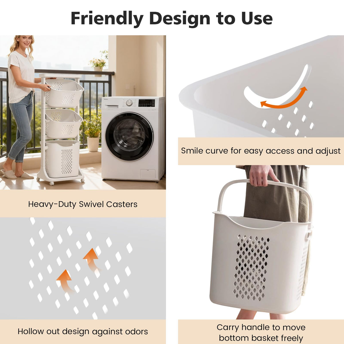 Rolling Laundry Hamper Cart with Wheels, 3 Tier Laundry Baskets