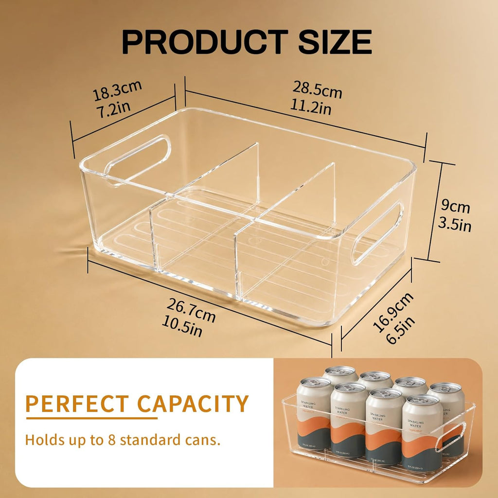 6 Pack Pantry Organizers and Storage,Clear Plastic Containers with 2 Dividers for Kitchen,Fridge Organization and