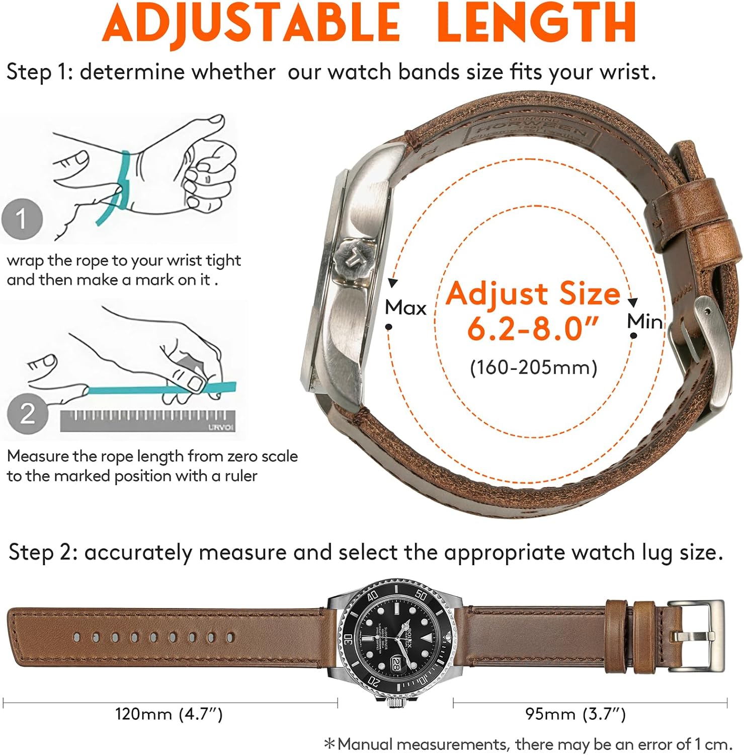 Leather Watch Bands for Men, Horween Quick Release Leather Watch Strap Vintage Watch Replacement Wrap of 18mm, 20mm