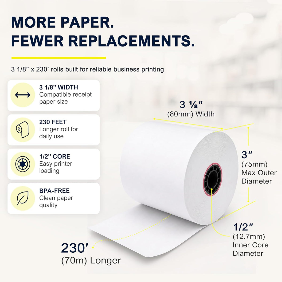 Receipt Paper Roll 3 1/8 x 230 for Square Register and Square POS System connected to Star Micronics Thermal Printer