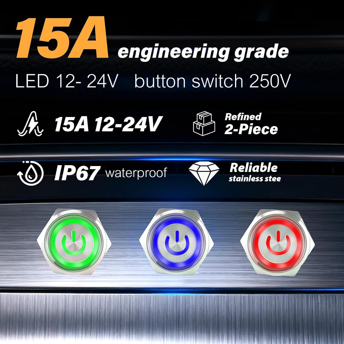 15Amp Push Button Switch，22mm(0.866") 12V-24V Latching Push Button Switch AC/DC IP67 Waterproof LED Angel Eye Light On and Off with Wire Socket