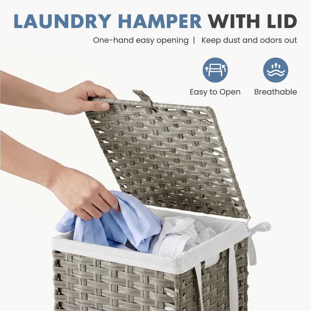 Laundry Basket with Lid, 65L Wicker Laundry Hampers, Dove Gray