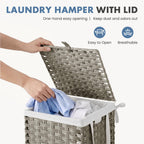 Laundry Basket with Lid, 65L Wicker Laundry Hampers, Dove Gray