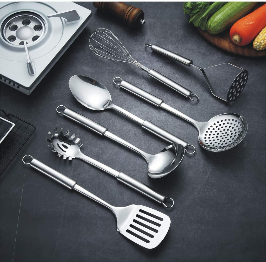 Cooking Utensil Set 8 Piece, Stainless Steel Kitchen Tool Set with Stand,Cooking Utensils, Slotted Tuner, Ladle