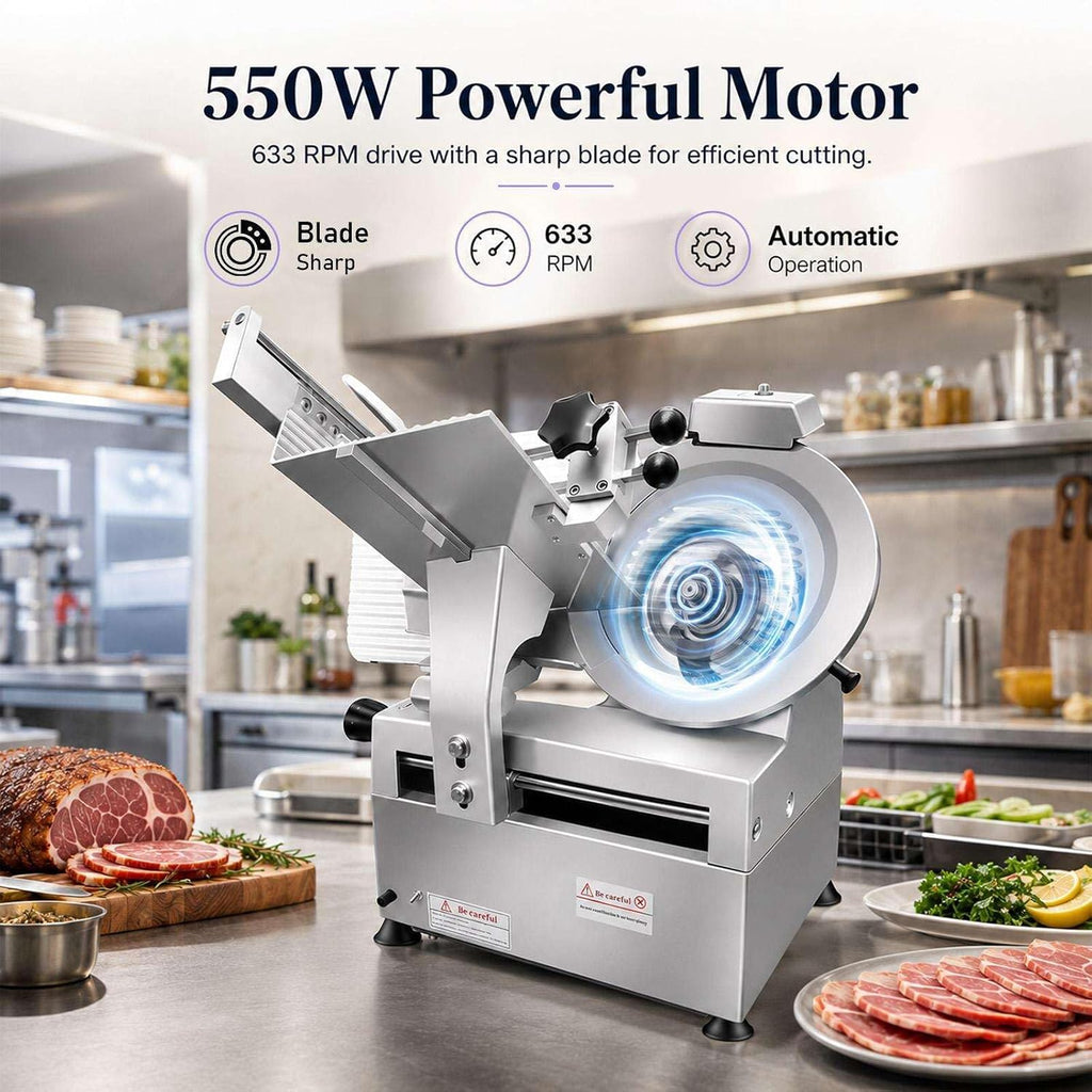 550W Electric Meat Slicer, 550W Commercial Meat Slicer with 10 Inch Carbon Steel Blade, Adjustable Thickness for
