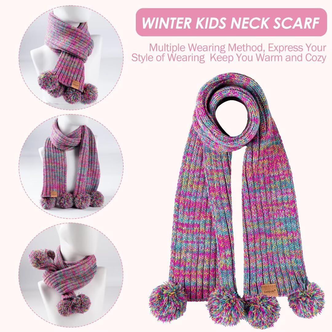 Kids Winter Hat Gloves Scarf Set, Girls Toddler Children Beanie with Pom Knit Neck Warmer Gaiter Mittens Fleece Lined