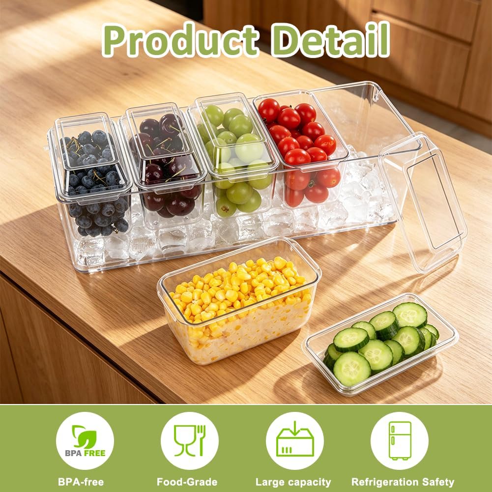 Ice Chilled Condiment Caddy, 5 Compartments with Lids and Utensils
