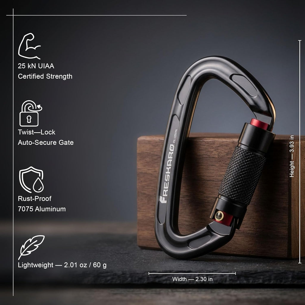 UIAA Certified 25KN Auto Locking Climbing Carabiner Clips, Twist Lock, and Heavy Duty Carabiners for Rock Climbing