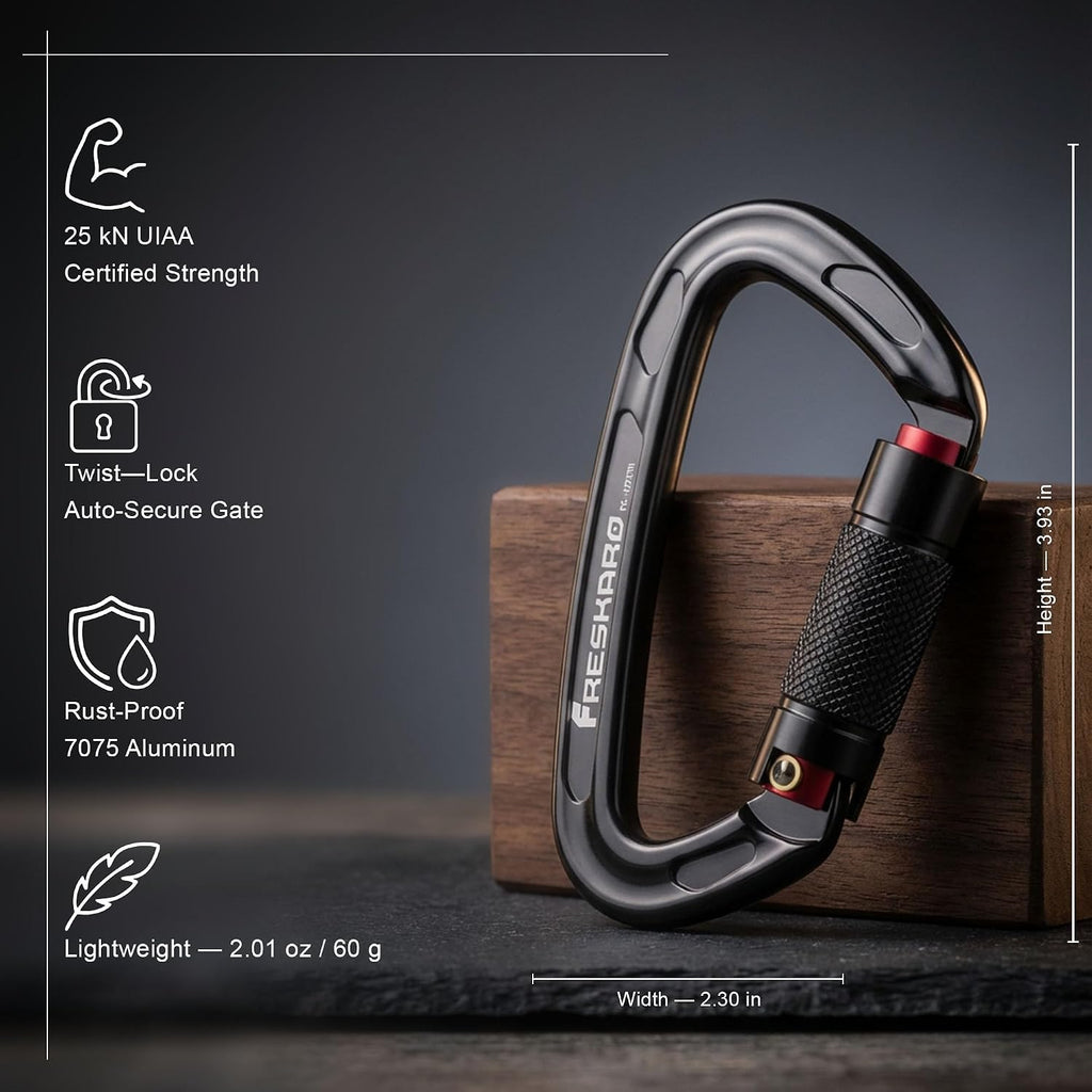 UIAA Certified 25KN Auto Locking Climbing Carabiner Clips, Twist Lock, and Heavy Duty Carabiners for Rock Climbing