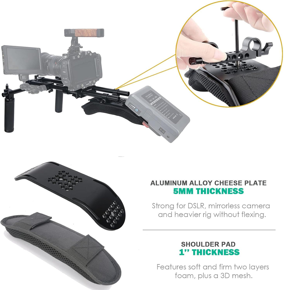 15mm Shoulder Pad Support System for DSLR Camera Cinema Camcorder, Shoulder Mount Rig with Base Plate, Aluminum Alloy