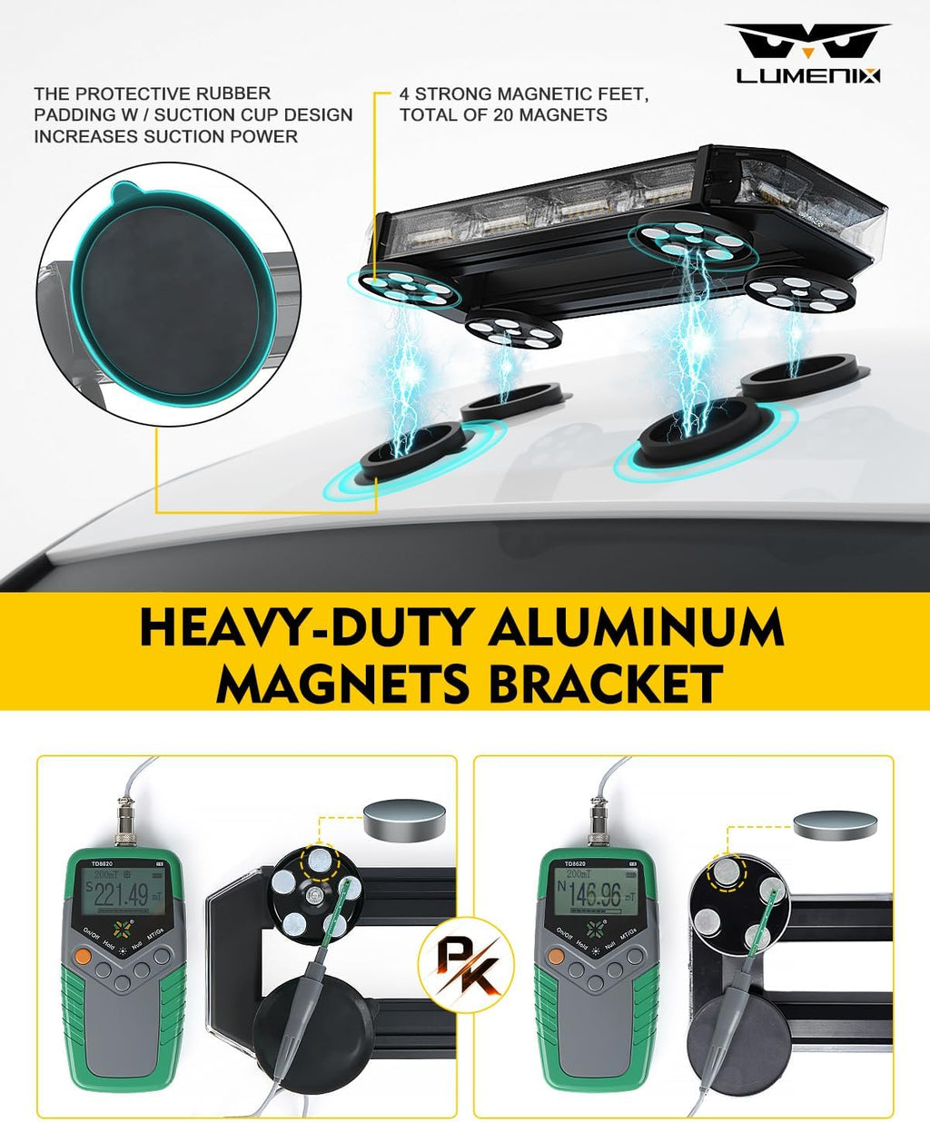 White Amber LED Rooftop Emergency Strobe Light Bar with Controller | Magnetic Mount Roof Top Warning Beacon Caution