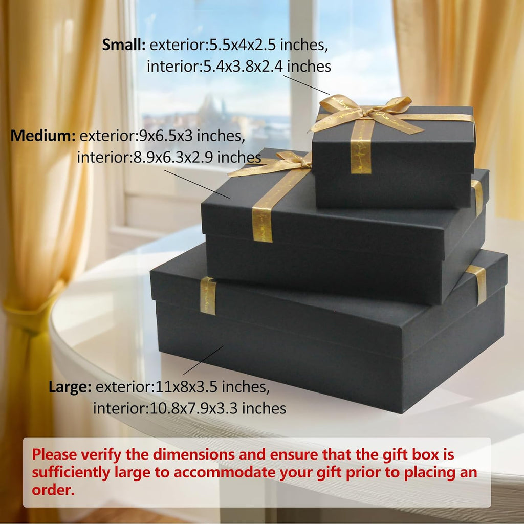 Black Gift Boxes with Gold Ribbons & Bows - (3 Sizes) Sturdy Gift Boxes with Lids for Presents - Elegant Gift