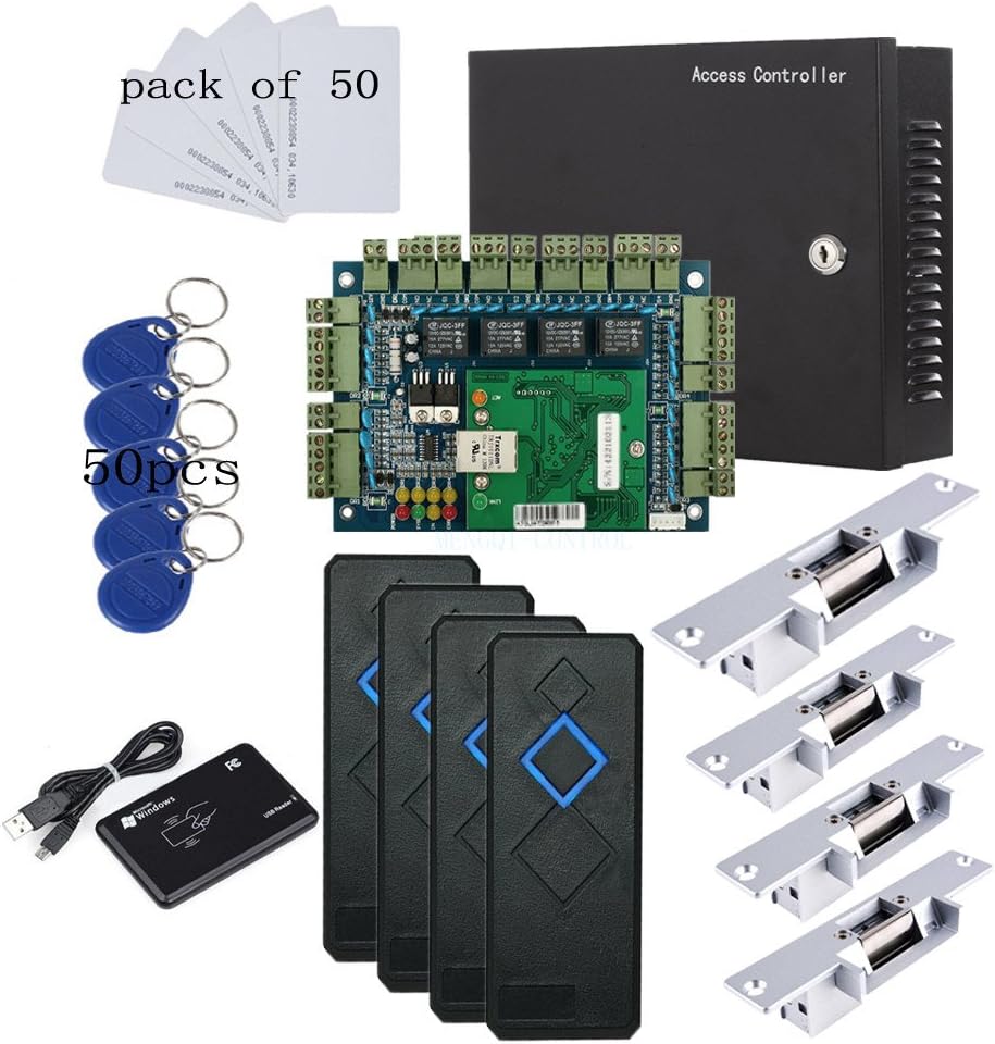 TCP/IP 4 Door Entry Access Control Panel Kit Electric Strike Fail Secure NO Mode Lock Enroll RFID USB Reader 110-240V