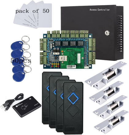 TCP/IP 4 Door Entry Access Control Panel Kit Electric Strike Fail Secure NO Mode Lock Enroll RFID USB Reader 110-240V