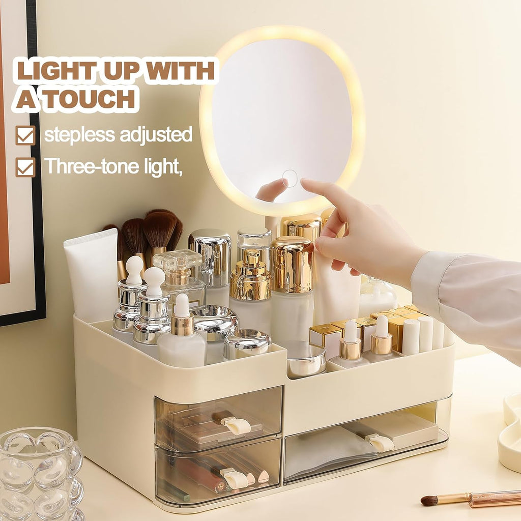 Makeup Organizer with Rechargeable Mirror and 3 Drawers,Skincare and Cosmetics Organizer Countertop,Makeup Brush