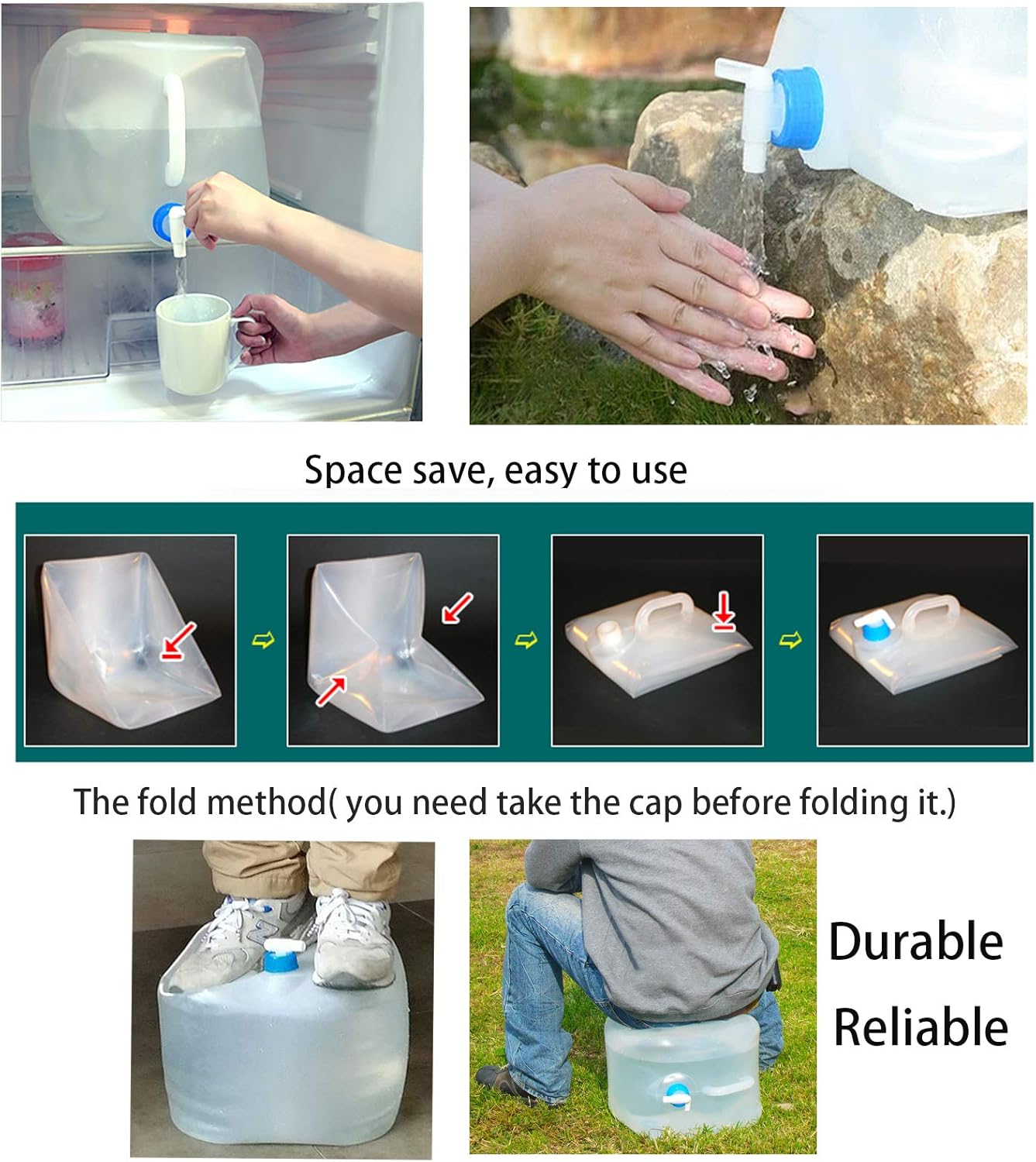 2 Pack 5.3 Gallon Collapsible Water Container with Spigot, Food Safe Water Storage Jug, BPA-Free Camping Water