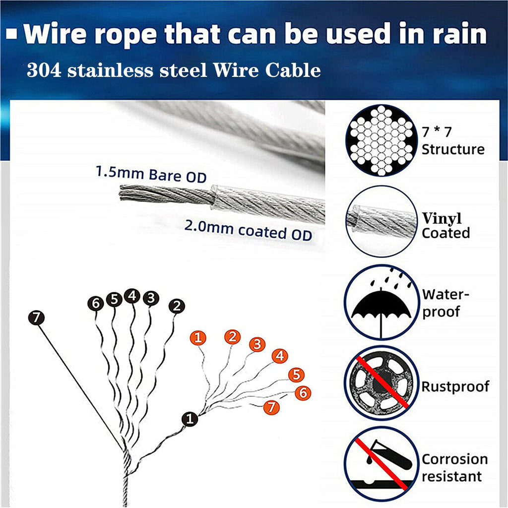 304 Stainless Steel Turnbuckle Kit - 165FT（50M） Vinyl-Coated Wire Rope Heavy Duty & Anti-Rust for Outdoor Lights