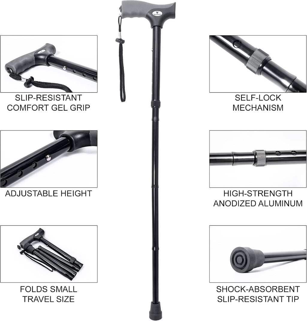 FSA/HSA Eligible, Vaunn Medical Easy Grip Height Adjustable Folding Cane/Walking Stick with Strap/Pouch- Compact
