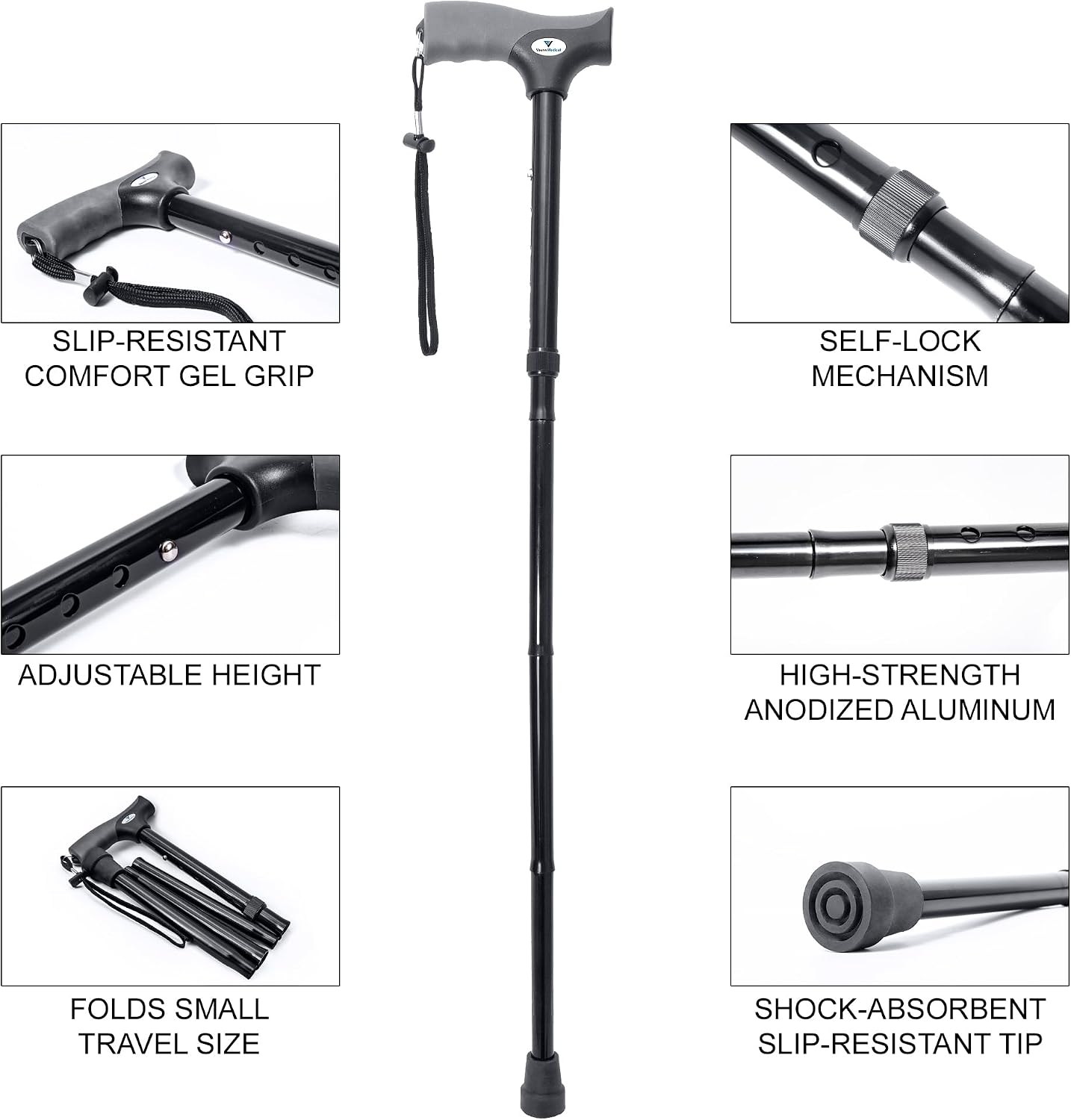 FSA/HSA Eligible, Vaunn Medical Easy Grip Height Adjustable Folding Cane/Walking Stick with Strap/Pouch- Compact