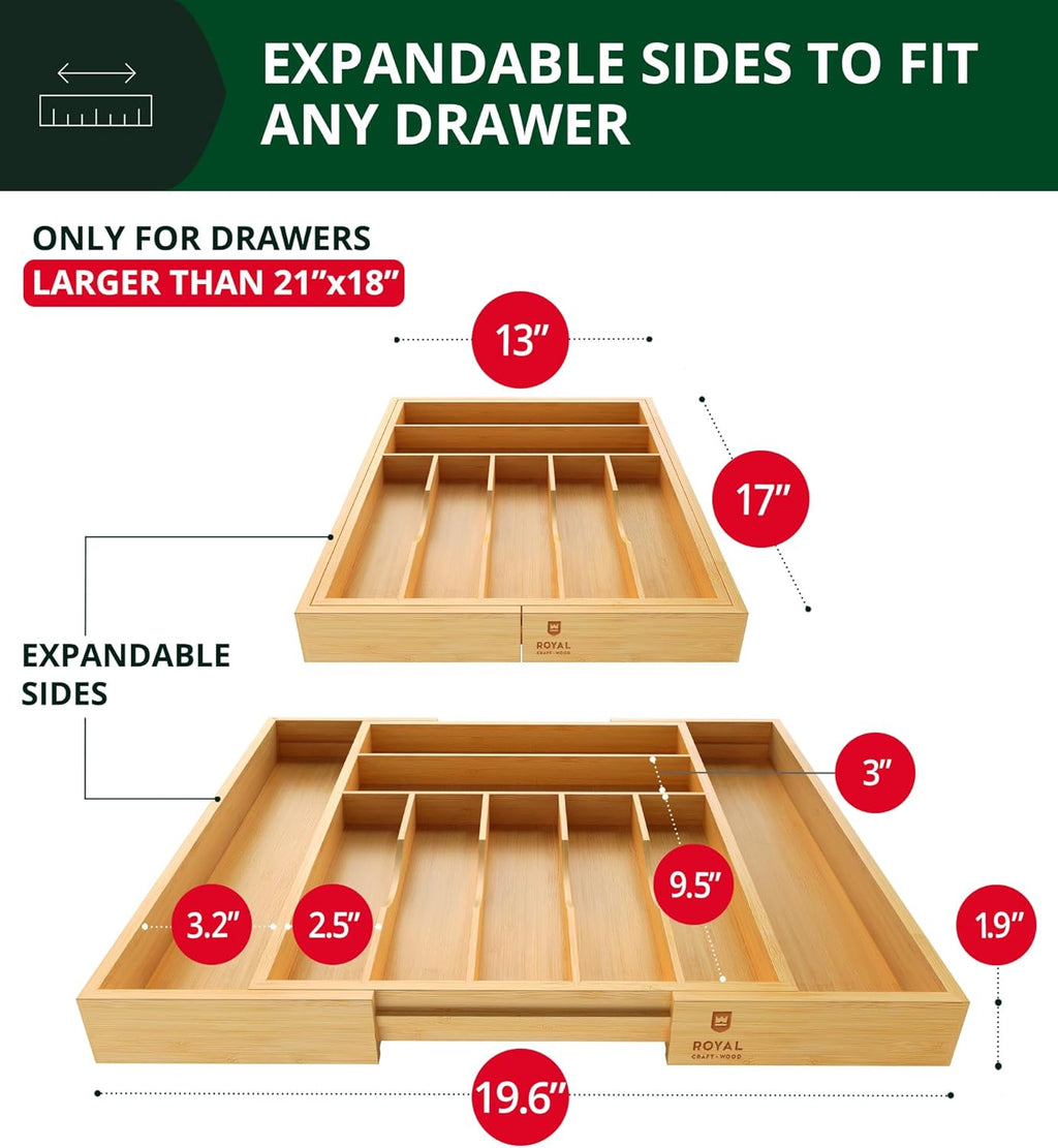 Luxury Bamboo Kitchen Drawer Organizer - Silverware Organizer, Utensil Holder & Cutlery Tray Drawer Dividers for