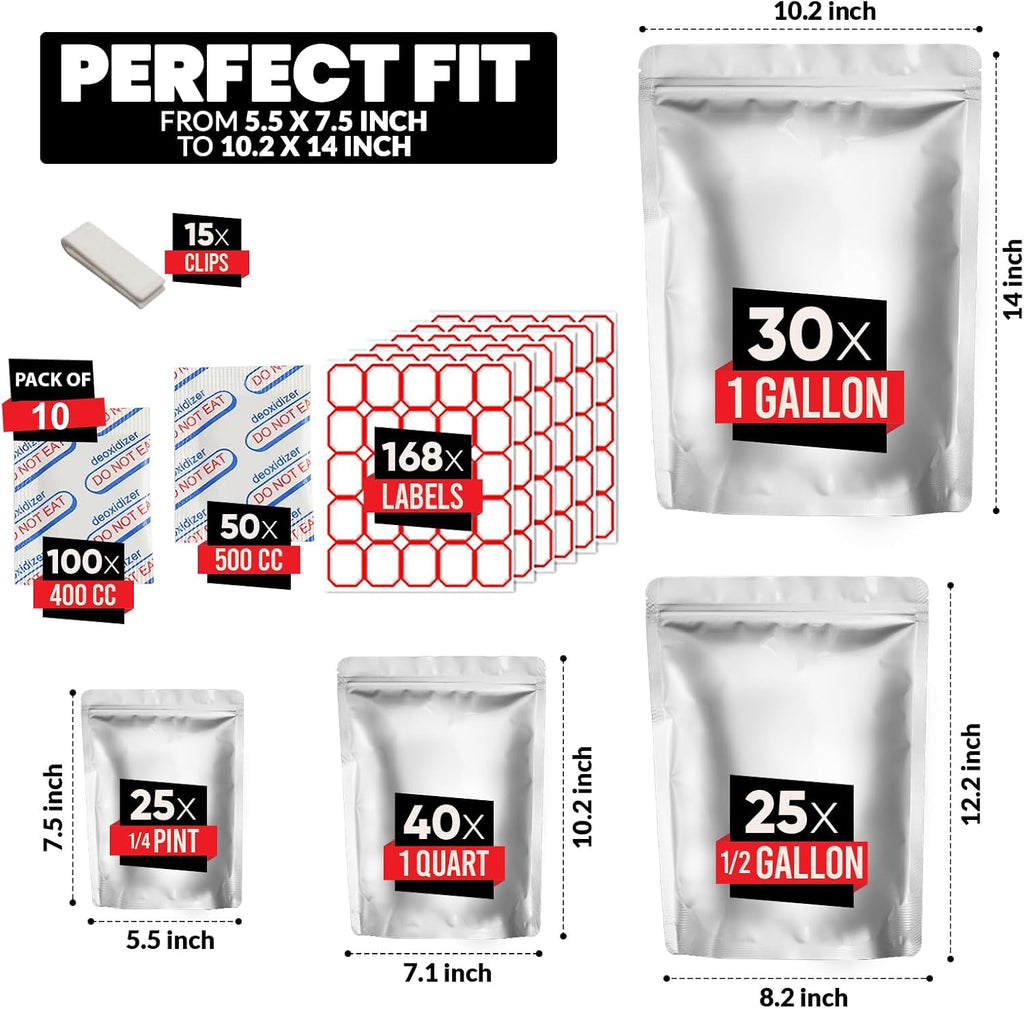 120 Mylar Bags with 150 Oxygen Absorbers-168 Labels & Stand-Up Reusable | 4 Sizes Airtight Smell Proof Resealable