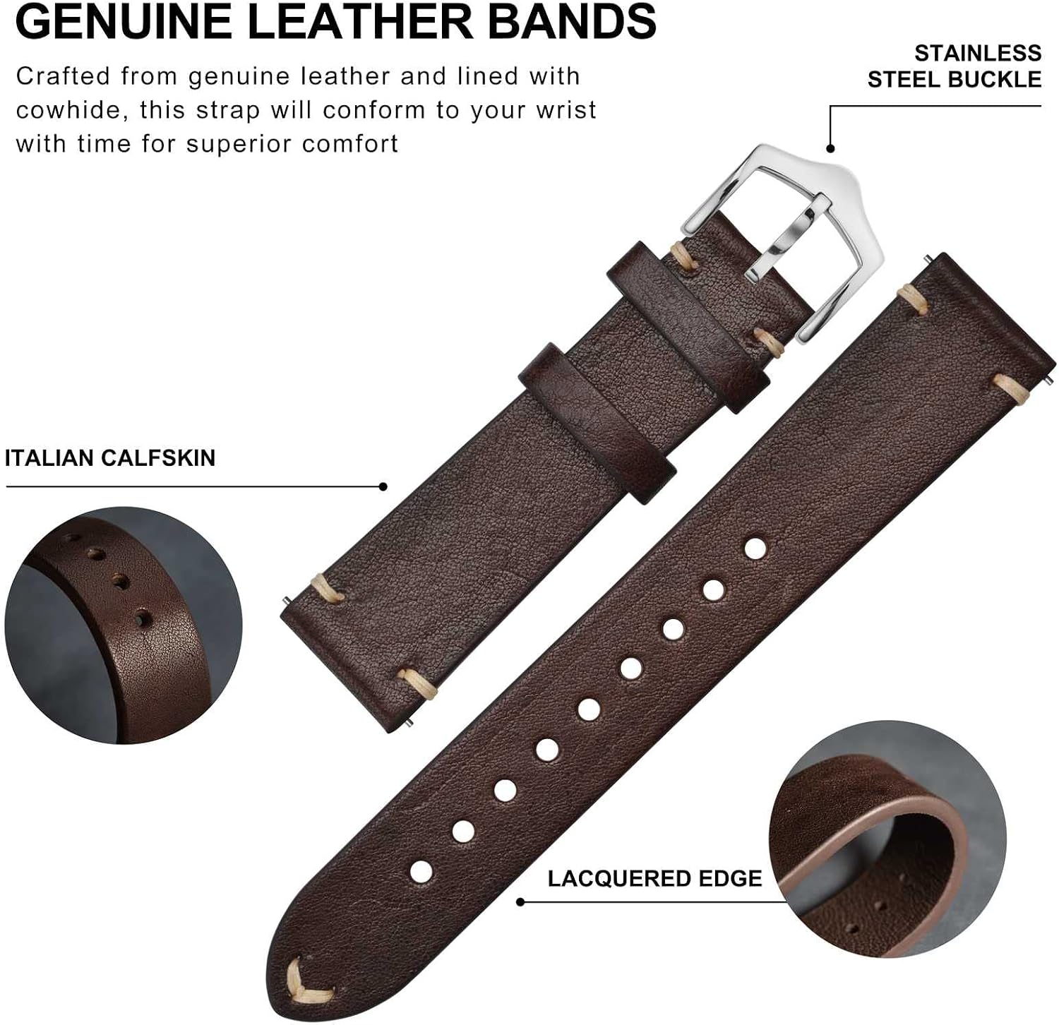 Men's Watch Bands, Hand-Stitched Leather Watch Straps, Quick Release, 18mm 19mm 20mm 21mm 22mm