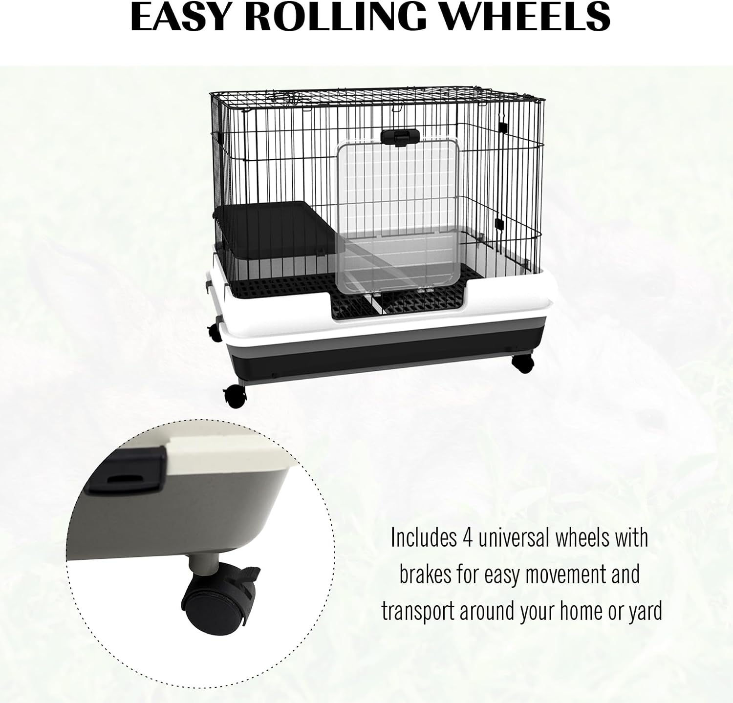 2-Level Small Animal Cage Rabbit Hutch with Wheels for Bunny Black | Removable Tray, Platform and Ramp