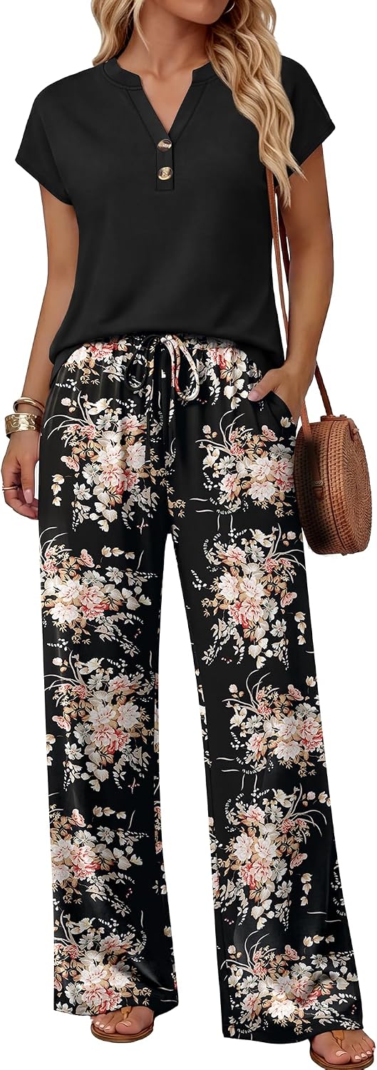 Two Piece Set for Women Summer Outfits Cruise Vacation Fashion Clothing Wide Leg Lounge Pant Sets