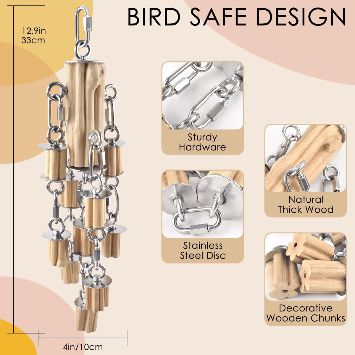 Parrot Toys for Large Birds with Detachable Parts, 304 Stainless Steel and Natural Hardwood Chew Toy for Macaw