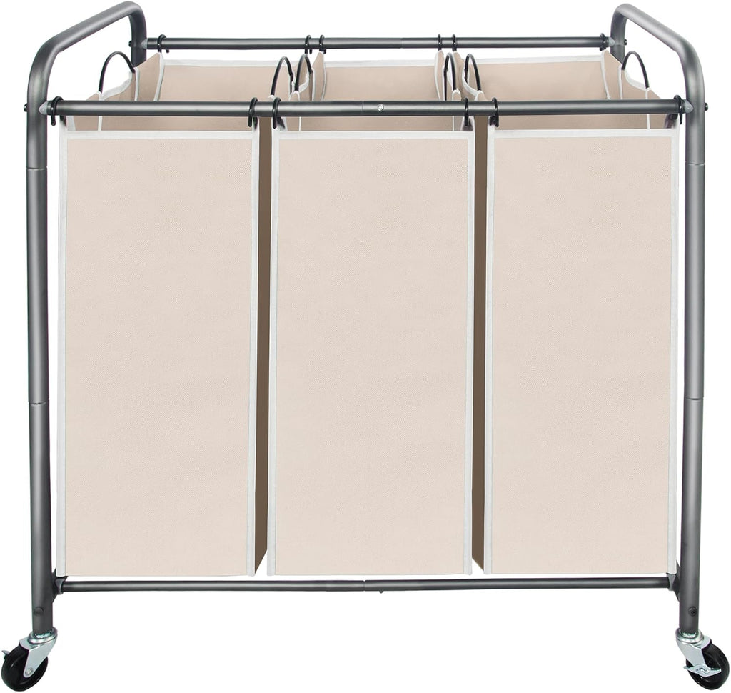 Laundry Sorter 3 Section, 3 Bag Clothes Hamper, Rolling Laundry Cart Basket with Heavy Duty Lockable Wheels and
