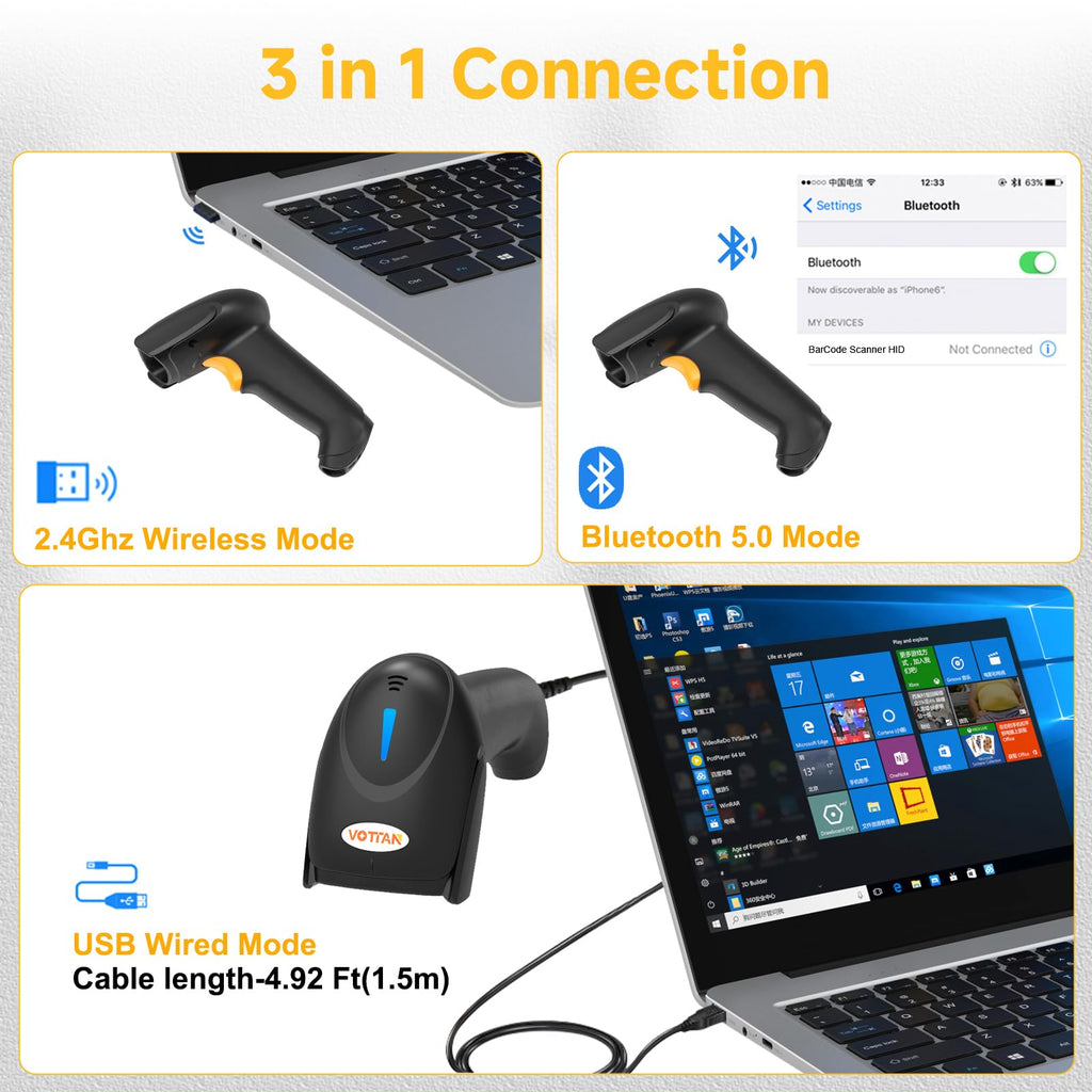 QR 2D Barcode Scanner, Bluetooth & 2.4G Wireless & USB Wired Connect iPad Phone Tablet PC POS, UPC EAN 1D PDF417 Data