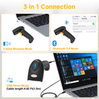 QR 2D Barcode Scanner, Bluetooth & 2.4G Wireless & USB Wired Connect iPad Phone Tablet PC POS, UPC EAN 1D PDF417 Data