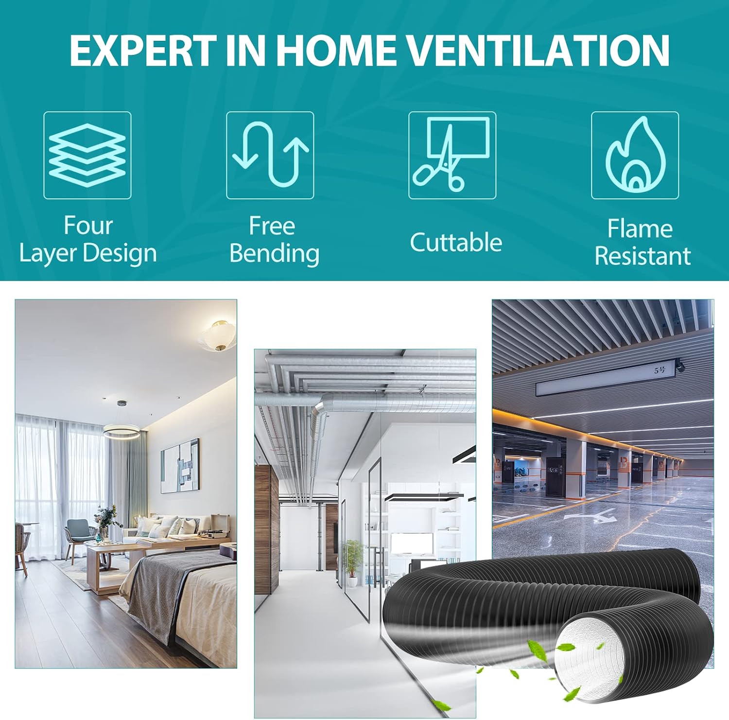 6 Inch Dryer Vent Hose, 16 Feet Long Flexible PVC Hose, Three Layer Noise Reducer Hose Aluminum Ducting for Heating