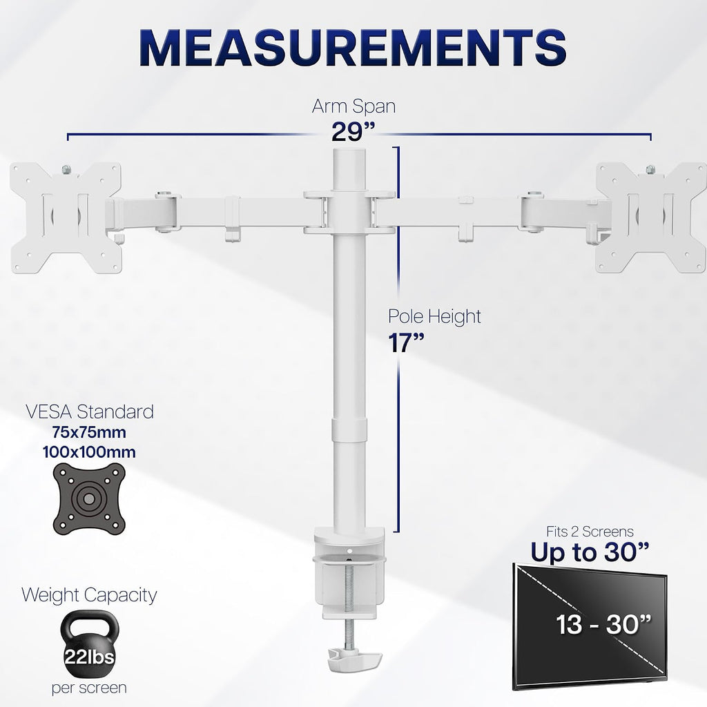 Dual Monitor Desk Mount for 13 to 30 inch Screens, STAND-V002W | White, Articulating, Adjustable Monitor Arm, Grommet