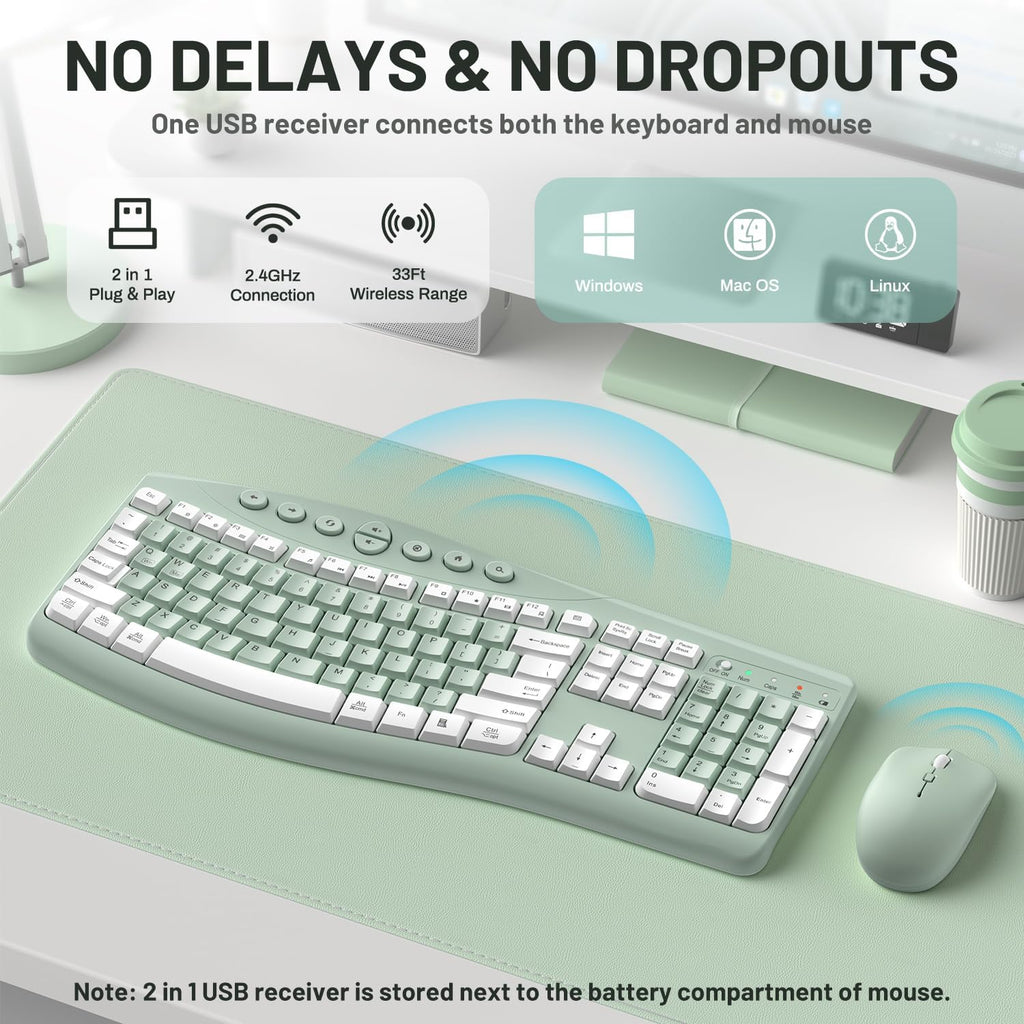 Wireless Keyboard and Mouse Combo Silent for Office,Ergonomic Curved Design