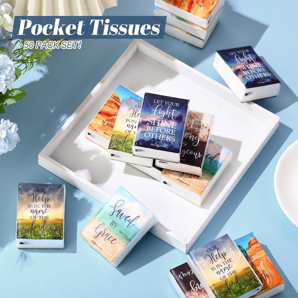 50 Pack Christian Pocket Tissues with Inspirational Words Individual
